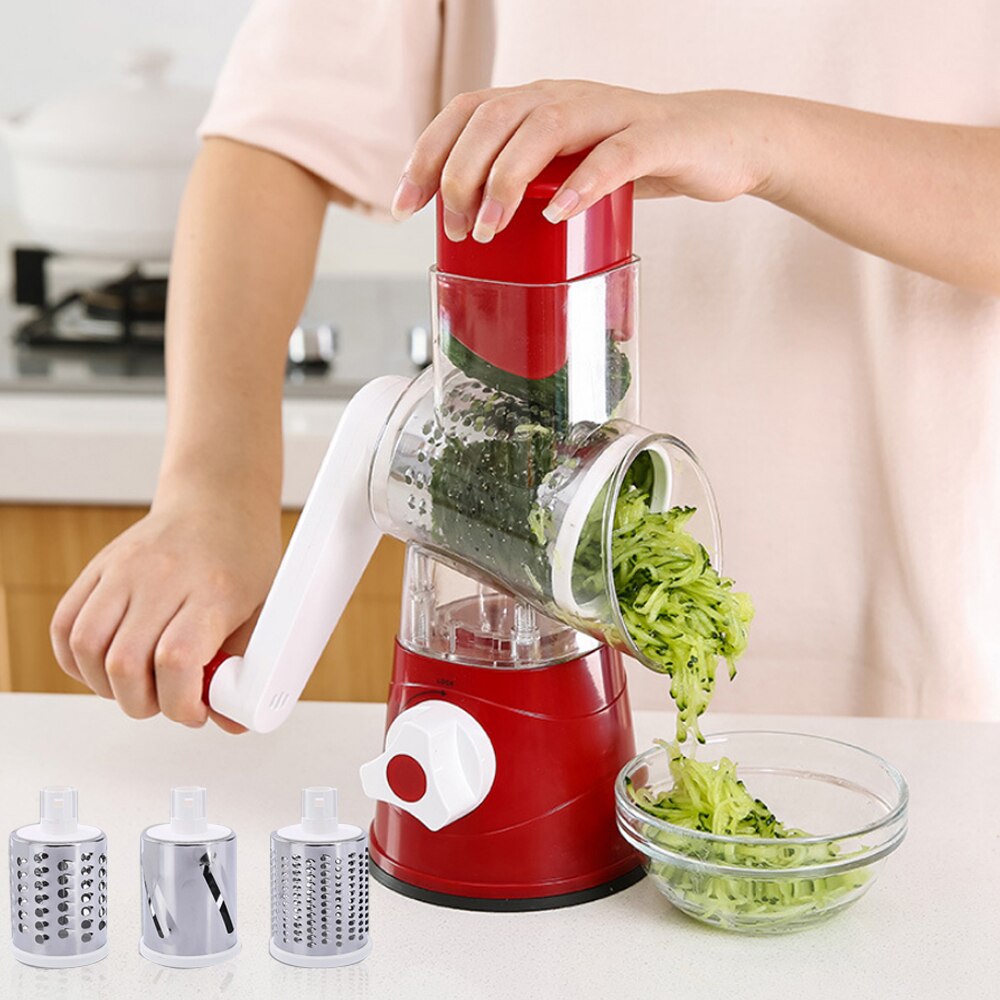 Handheld Rotary Slicers for Vegetables Cheese Grater Shredder Veggie Slicer Chopper 3 Stainless Steel Round Graters BPA Free: Red