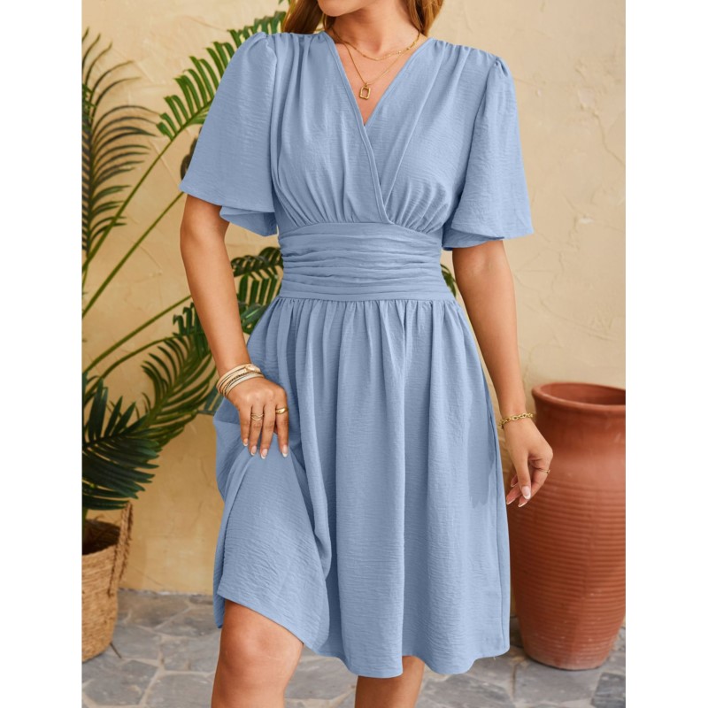 Forår/sommer v-hals kjole med flare ærmer til kvinder slim fit ensfarvet knælang kjole vestidos femme