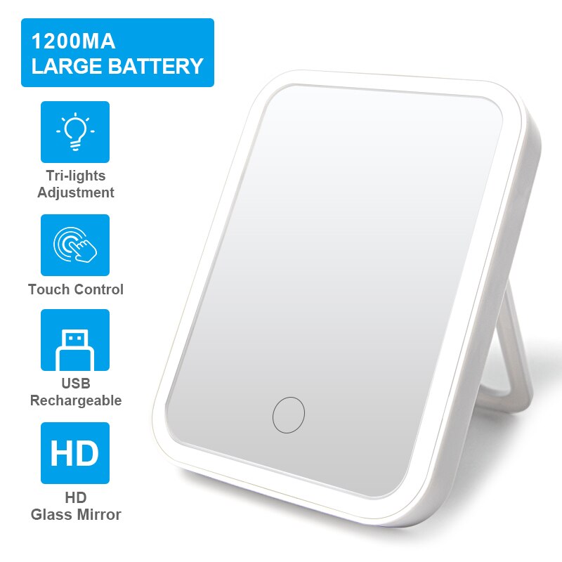 Espejo de maquillaje LED con luz LED para tocador espejo luz dormitorio espejos recargable plegable portátil belleza escritorio VIPdrop: Black