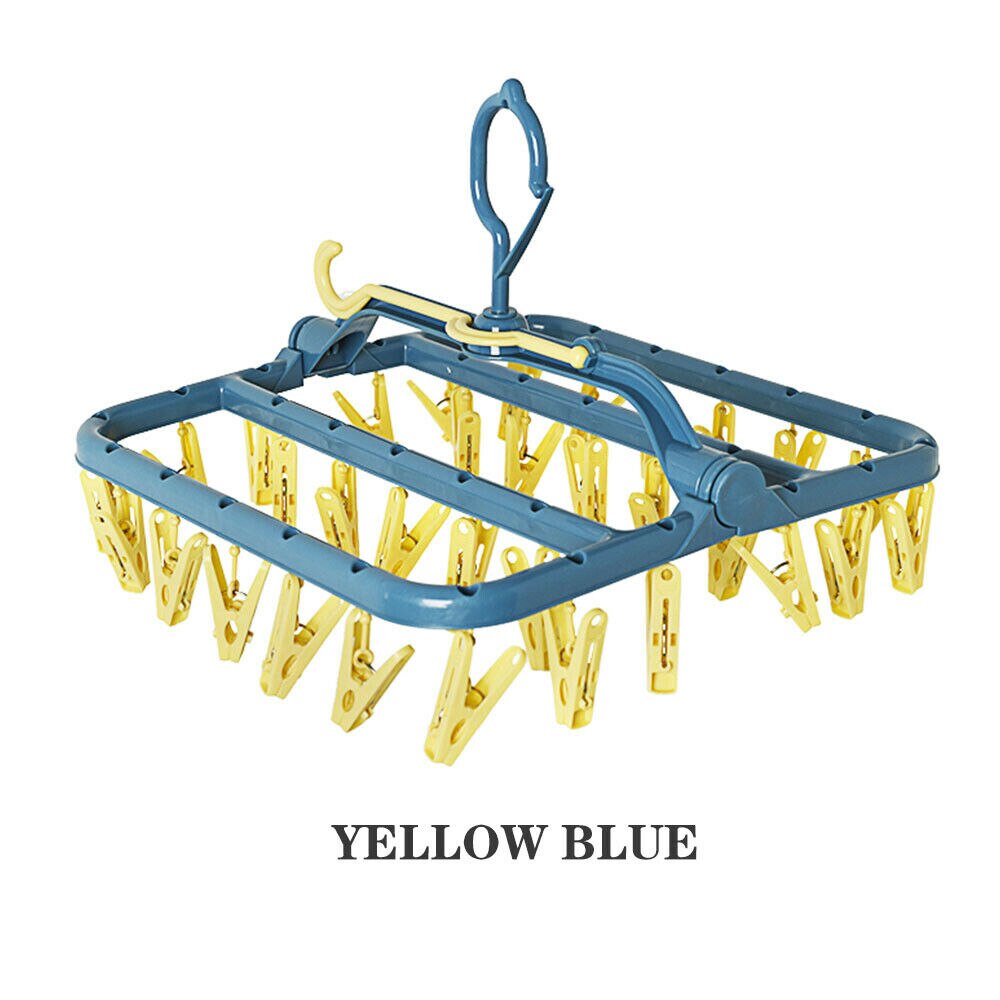 Folding Clothes Hanger Round Drying Rack Laundry Hanger Hook Sock Clothes Hook 32 Clips CollapsibleClothes Peg Hook Airer Dryer: Yellow