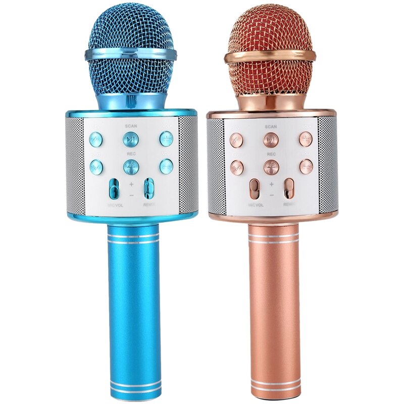 2 Pcs Wireless Karaoke Microphone Portable Bluetooth Mini Home KTV for Music Playing PC Blue & Rose Gold