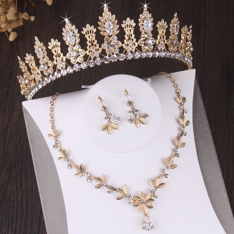 Ensemble de bijoux pour mariée, style Baroque, Vintage, feuille de cristal doré, strass, couronne, diadème, boucles d&#39;oreilles, collier, perles africaines: 3Pcs Jewelry Set