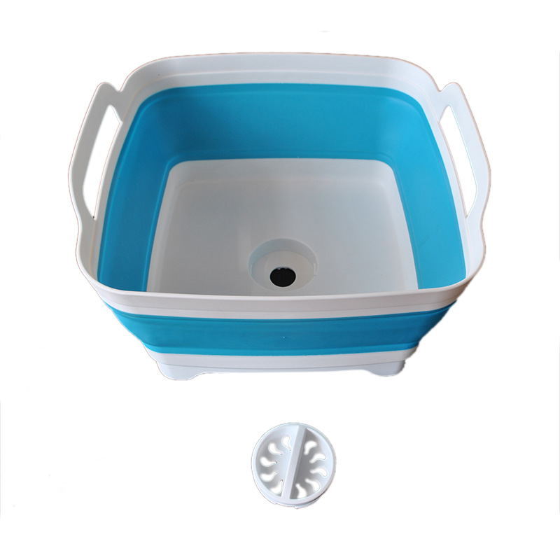 Bærbar sammenklappelig spand sammenklappelig vask udendørs rejse sammenklappelig camping håndvask frugt bassin skål vask husholdnings rengøringsværktøj: Blå