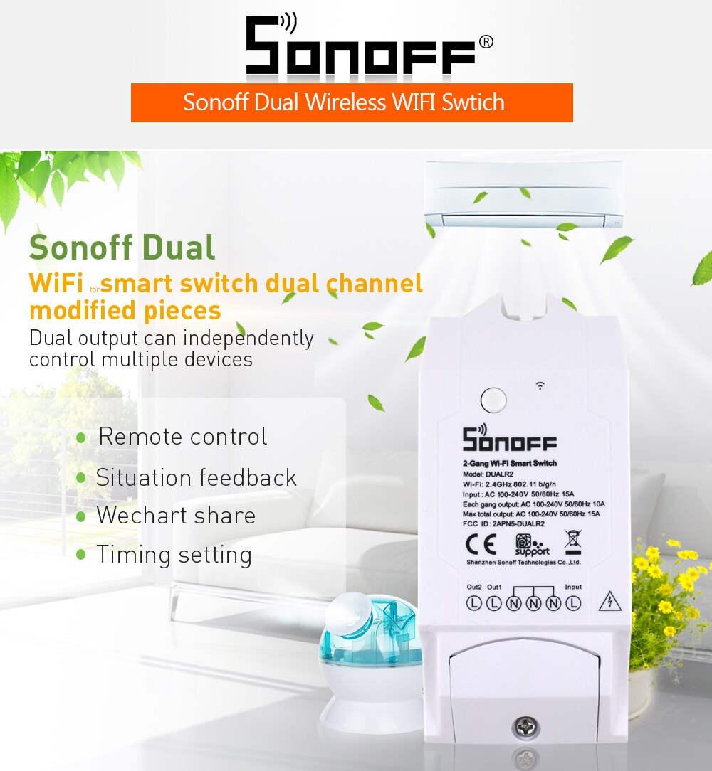 SONOFF básicos R2/TH10/TH16/doble/POW R2/básica RF interruptor inalámbrico inteligente luz temporizador 220V Wifi interruptor Módulo de automatización de domótica: SONOFF DUAL