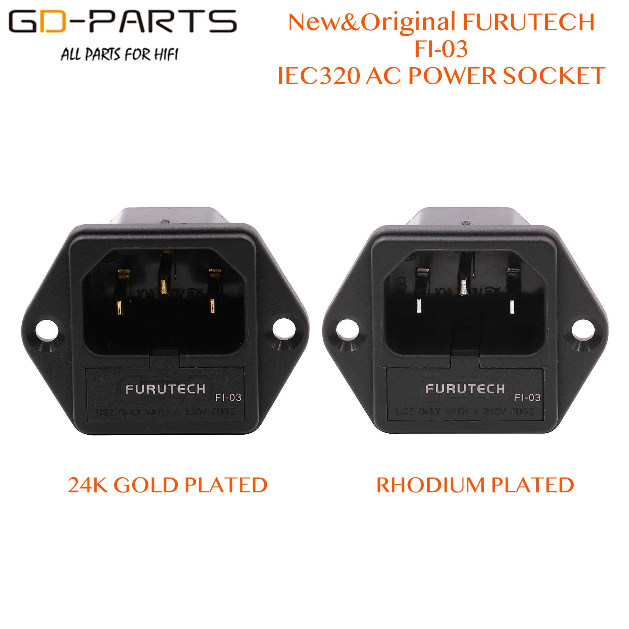 Brand Original FURUTECH FI-03 AC Power Plug socket IEC320-1 C14 Male With Fuse Holder Gold Rhodium Plated 10A 250V 1PC