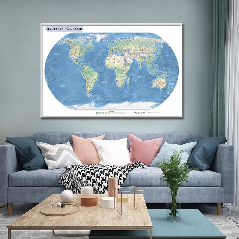 Romanian Geographic Map 225x150cm Non-woven Large Map of The World Canvas Painting Wall Art for Home Office Supplies
