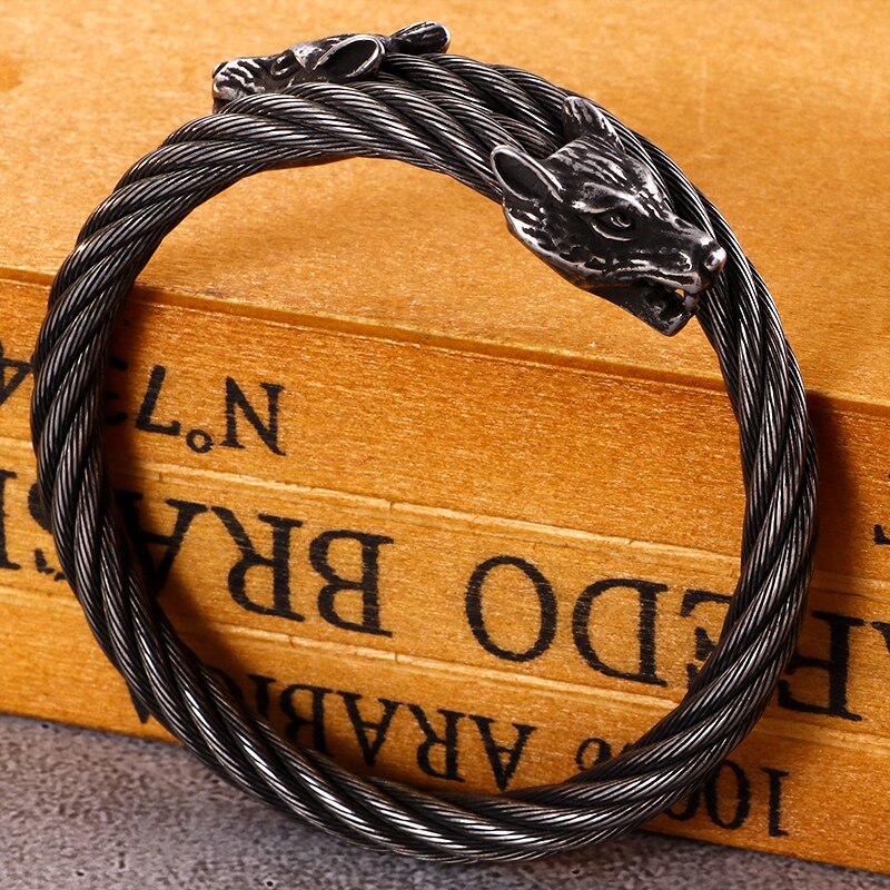 Punk rostfritt stål matt viking varg drake berlock armband man hip hop kabel tråd guld djur manschett armband män smycken