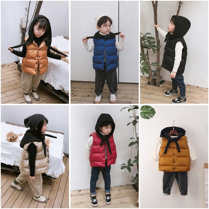 Winter Kids Vesten Sjaal Hooded Thicken Warm Baby Jongens Gewatteerde Jassen Koreaanse Stijl Meisjes Vesten Unisex Kinderen Kleding