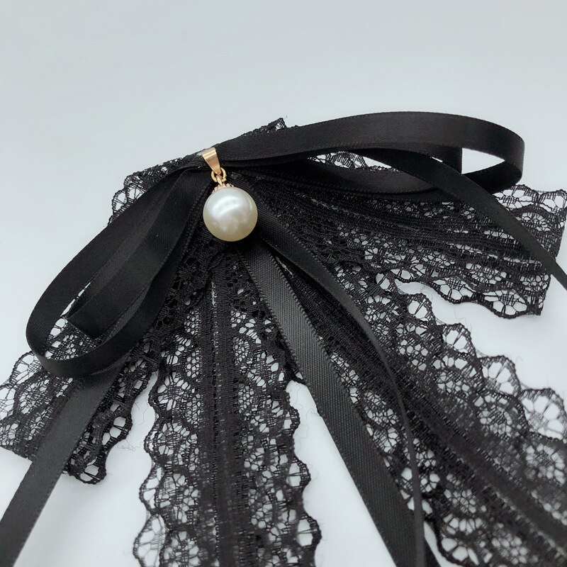 Pearl Bow Tie Brooch Black Fabric Lace Cravat Bow Necktie Pin and Brooches Shirt Dress Luxury Jewelry for Women Accessories