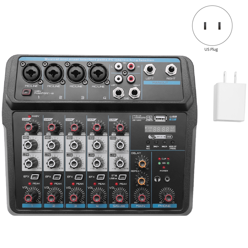 M -6 tragbarer mini-mixer audio-dj-konsole mit soundkarte, usb , 48v phantomspeisung für pc-aufnahmen, gesang, webcasts und partys (us-stecker)