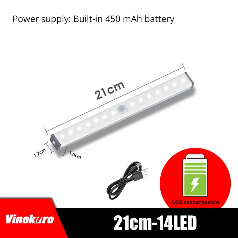 LED veilleuse capteur de mouvement armoire lampe USB Rechargeable placard nuit lampes pour garde-robe cuisine chambre étape éclairage: 21cm-14LED / Warm white light