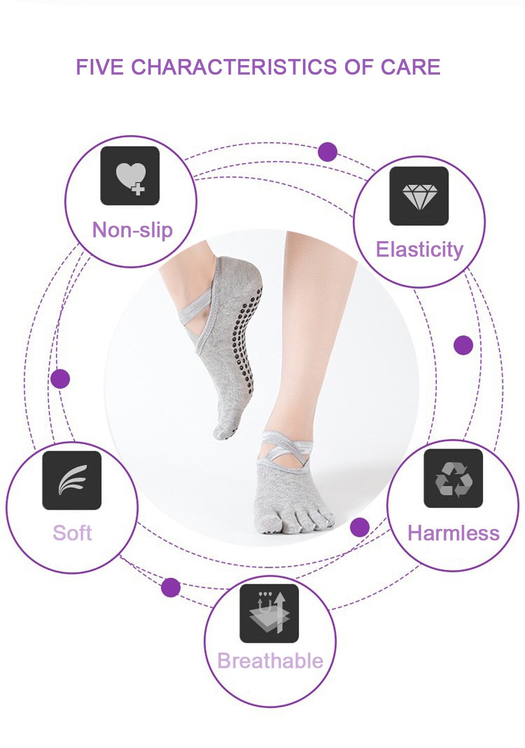 Rygglösa femtåiga yogastrumpor för kvinnor och halkfria golvstrumpor tålösa halvtåstrumpor för balettdanssportstrumpor