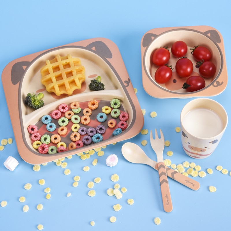 5pcs/set Baby Dish Tableware Children Cartoon Feeding Dishes Kids Natural Bamboo Fiber Dinnerware With Bowl Fork Cup Spoon Plate