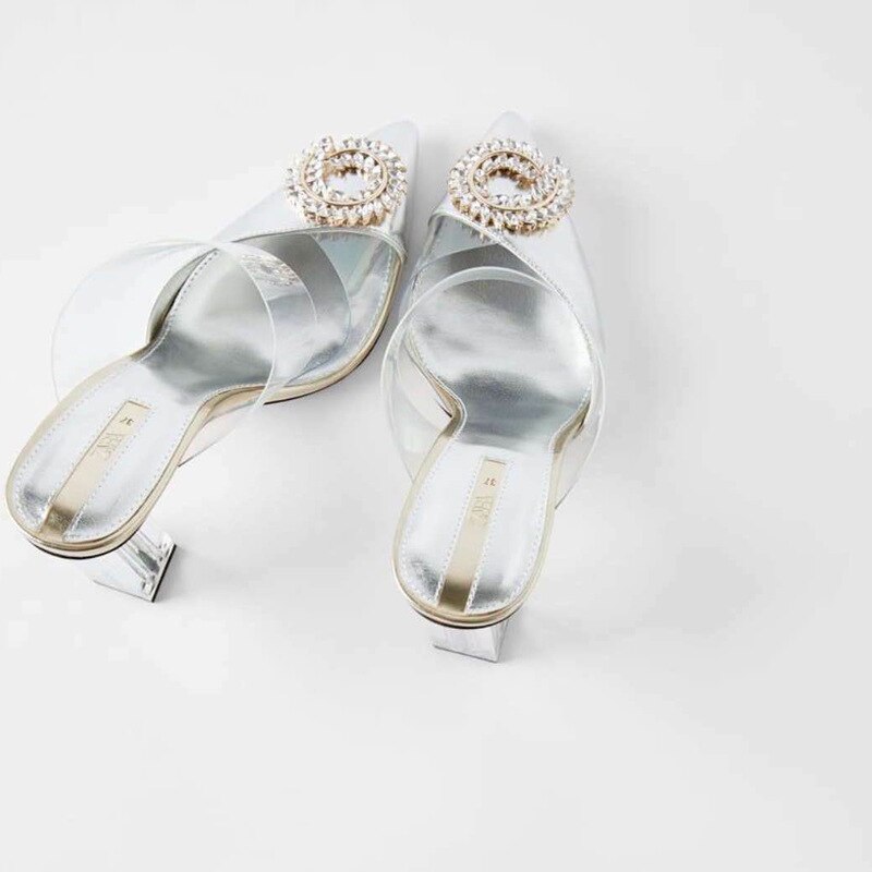 Summer Sandals for Women with Pointed V Shallow Chunky heel Transparent Belt With Crystal buckle Slingbacks