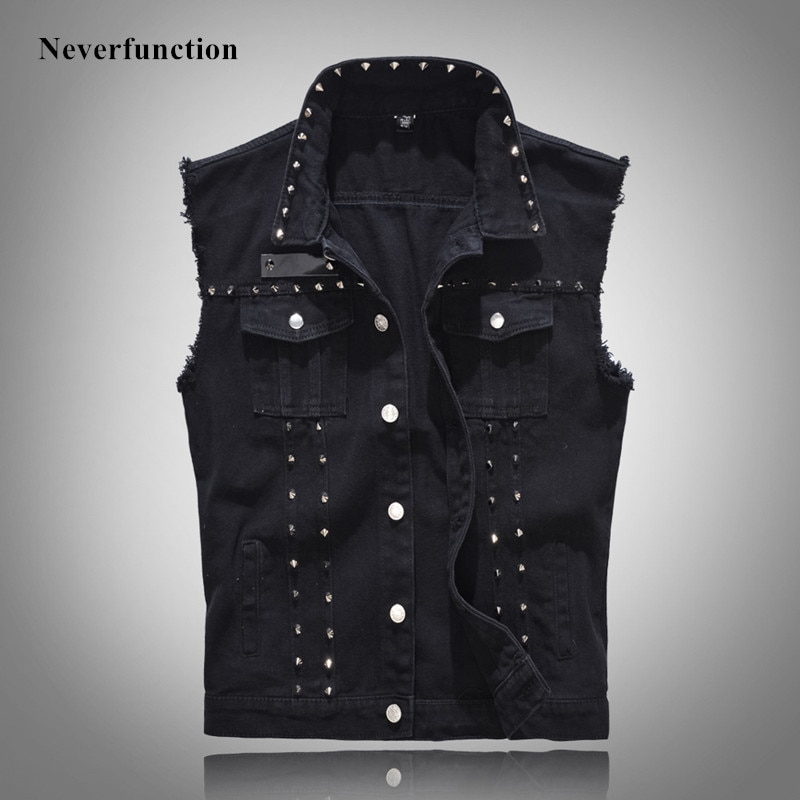 Chaleco vaquero con remaches de Metal para hombre, chaqueta Vintage Punk sin mangas para motocicleta, informal, ajustado, negro, talla grande 4XL 5XL