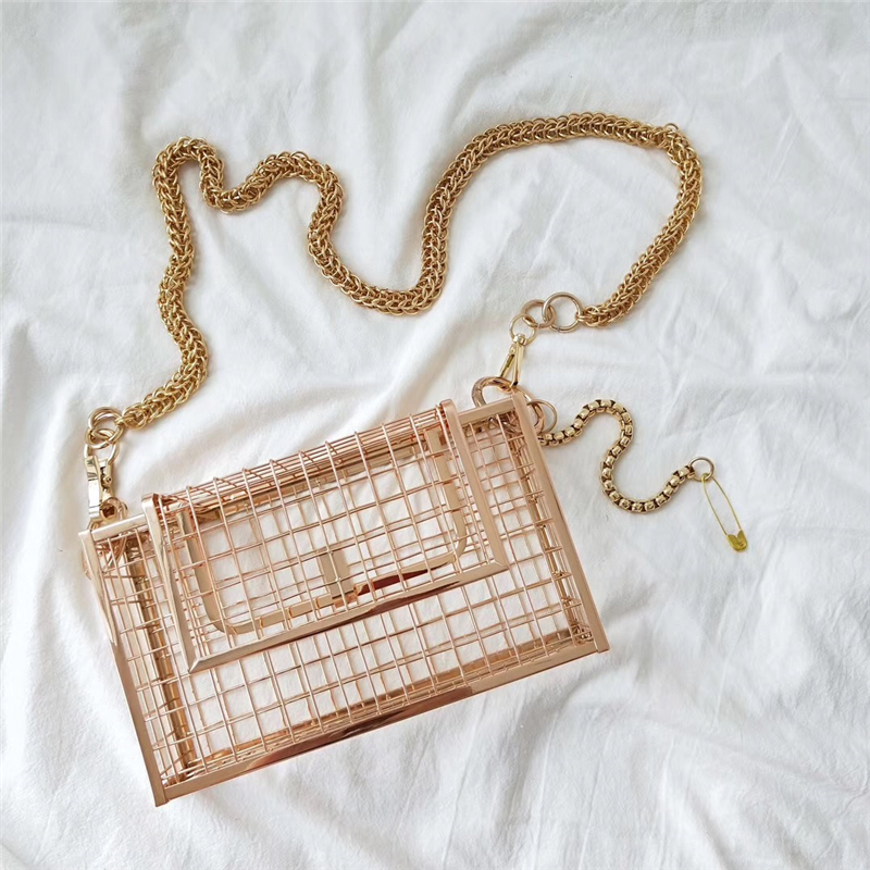 INS Hollow Out Clutch Bag Bird Cage Women Handbag Tote Metal Cage Girls Top-Handle Bags Purse Party Pouch Evening Bag: gold