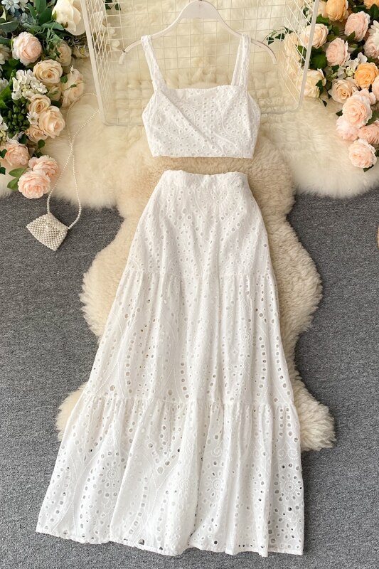 Sommer kvinner uthult todelt sett vintage ermeløse tank topper med slash neck + høyt midje langt skjørt dame hvit/grønn 2pc sett