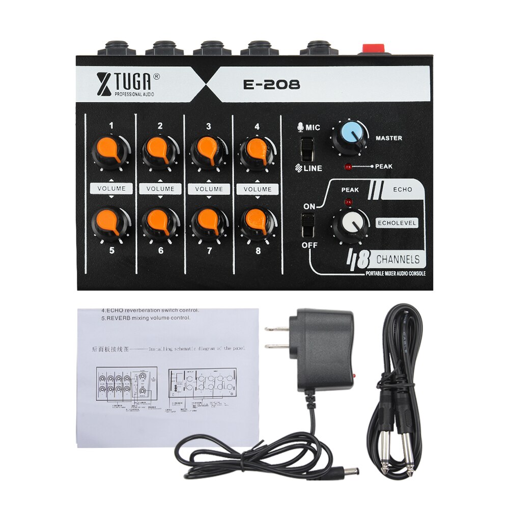 Xtuga e -208 ultrakompakt støjsvag 8- kanals mono mixer til guitar keyboard mikrofon basinstrument med ac adapter