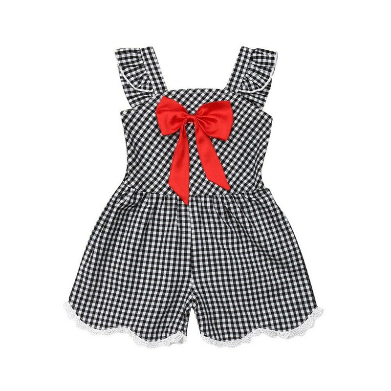 Herfst Meisjes Romper Kinderen Katoen Mouwloze Jumpsuit Kids Plaid Boog Baby Meisjes 'Katoen Een Stukken Peuter Kleding: 5T