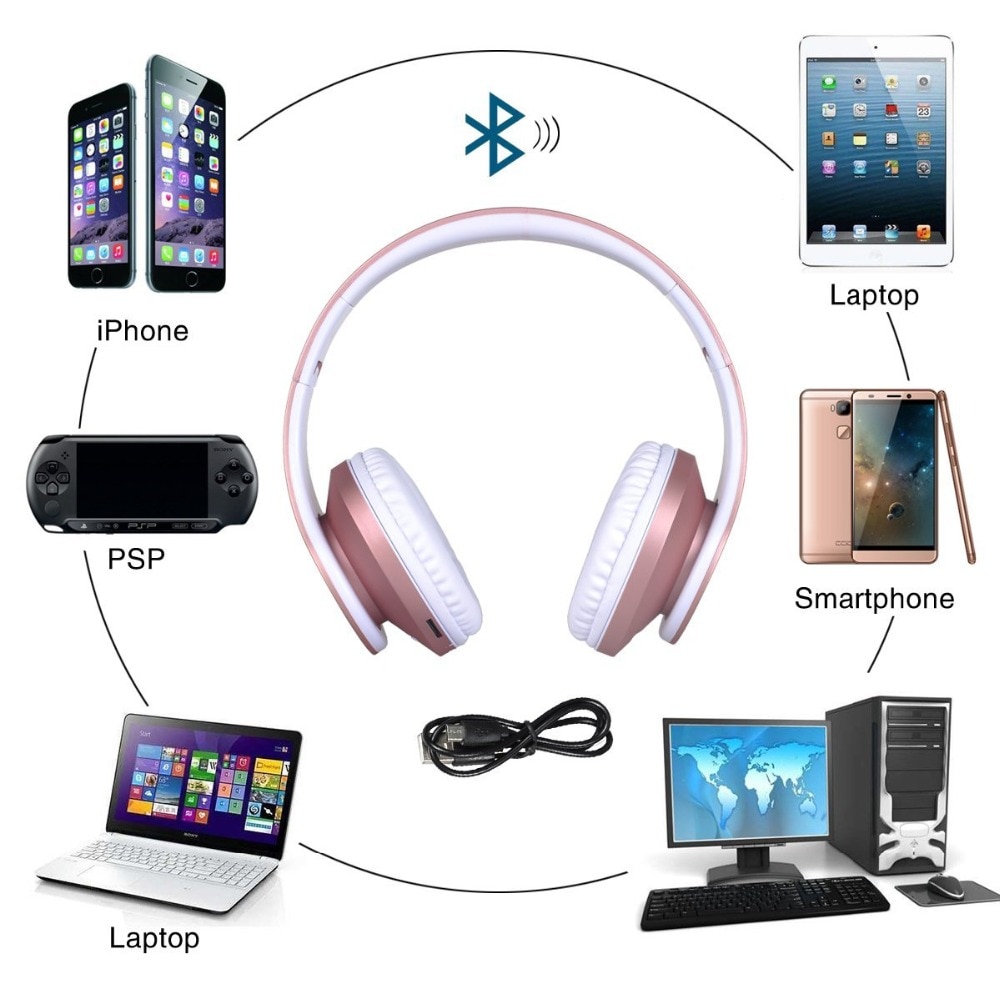 Wireless Bluetooth Headphone Rose Gold Stereo Bass Headset Big Headphones with Mic TF FM Noise Canceling Wireless Headphones
