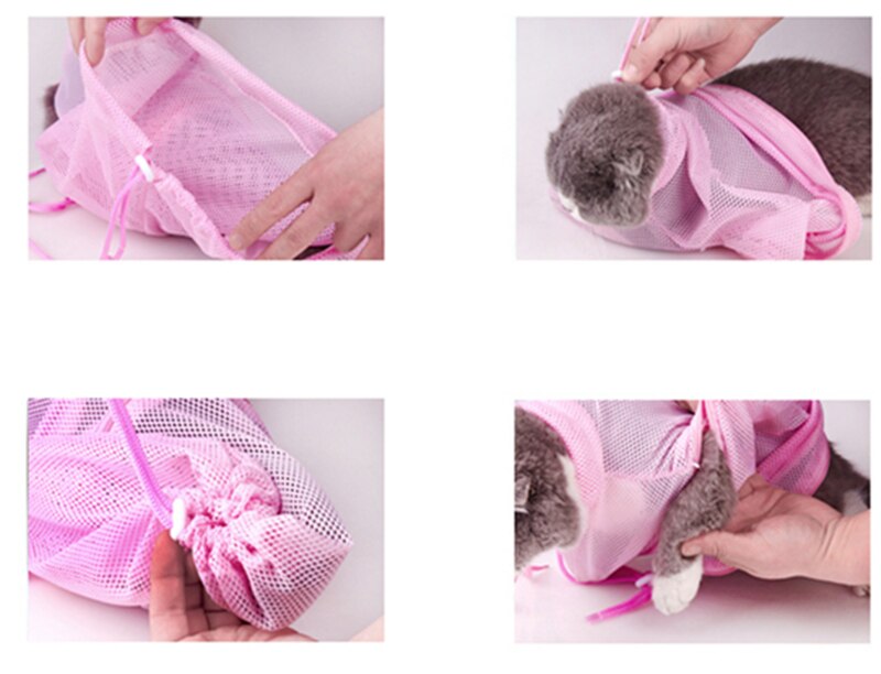 Mesh Cat Bathing Bag Cats Grooming Washing Bags Cat Bath Clean Bag No Scratching Bite Restraint Cat Supplies Nail Cutting Bag: Pink