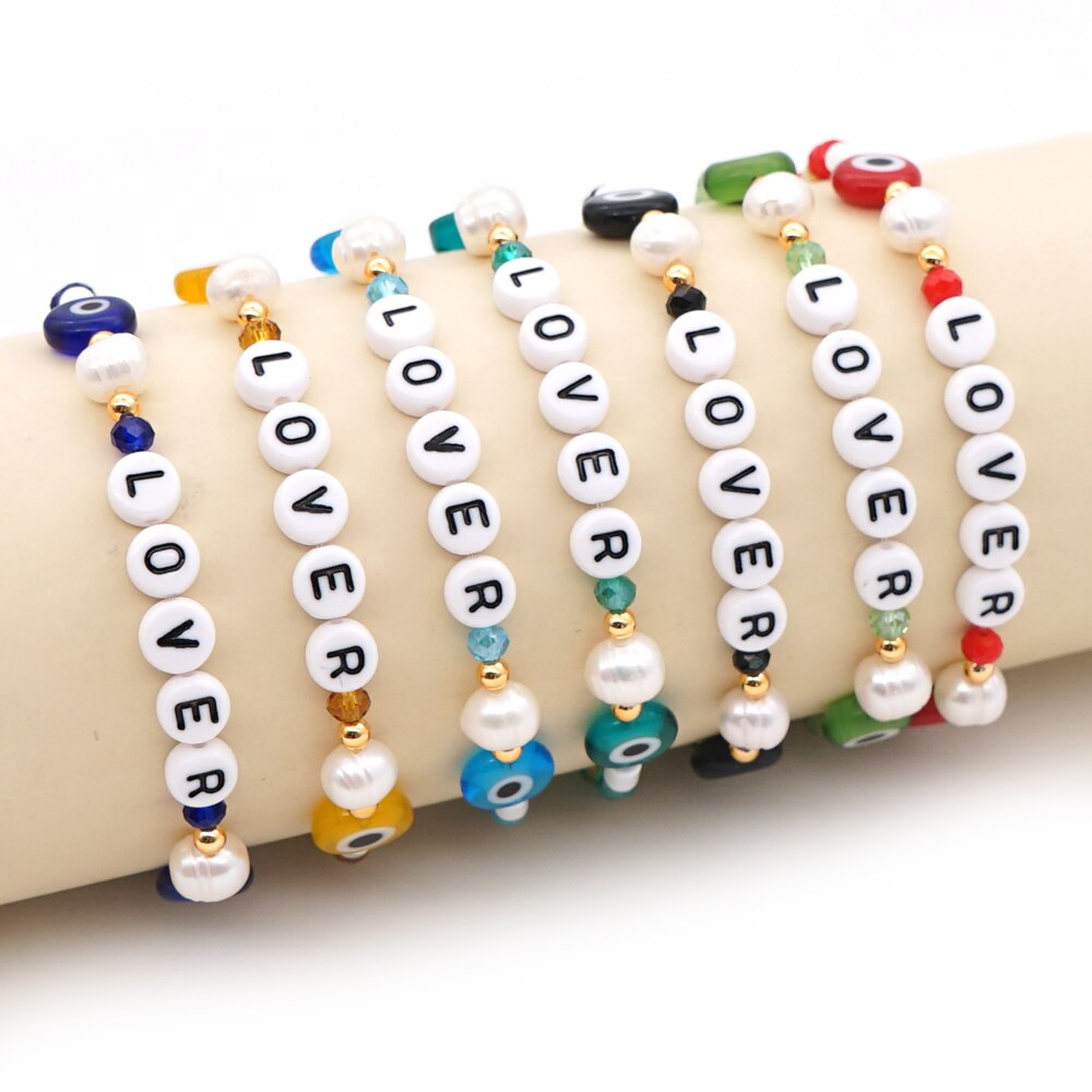 Shinus LOVER Letter Bracelets Enamel Tube Beaded Bracelet For Women Evil Eye Pearl Crystal Pulsera Mujer Summer Jewelry