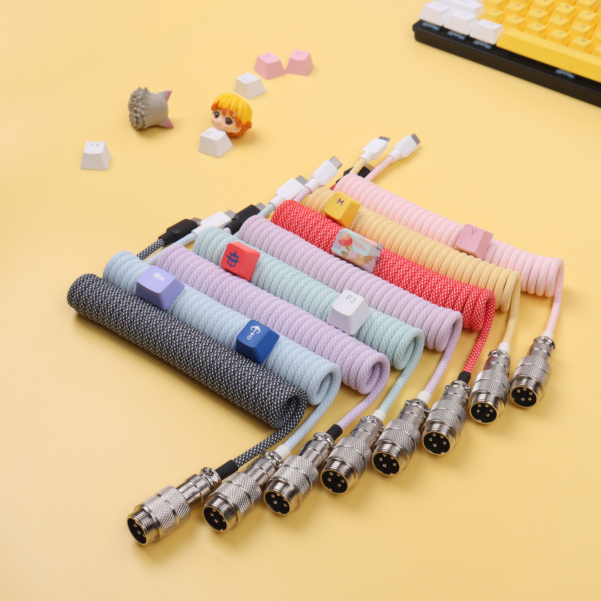 Lano 8 farvevalg macaron spiralkabel type-c til usb mekanisk tastatur data spiralkabel ledning med  gx16 luftfart