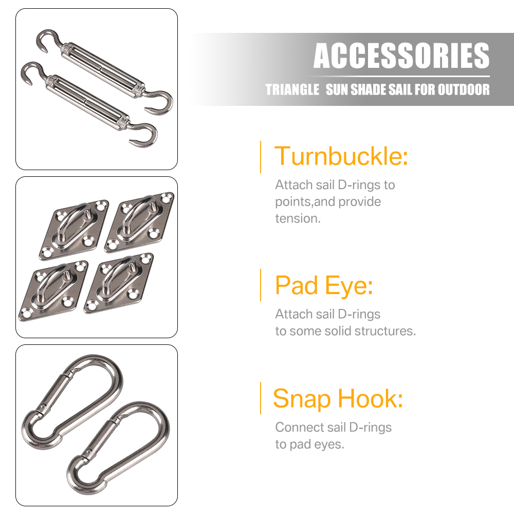 Accesorios para toldo de vela parasol, Kit de accesorios de acero inoxidable 304, tensor, almohadilla, mosquetón, gancho, tornillos plateados, 24 unids/set/juego