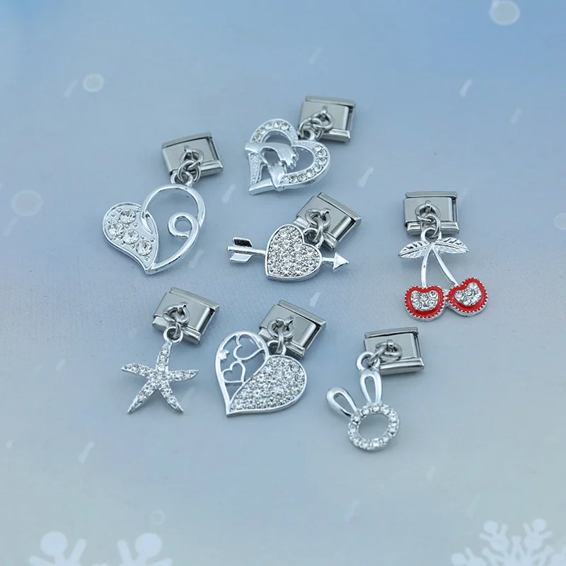 Hapiship Romantic Heart Cherry Shiny CZ Italian Charm Link Fit 9mm Bracelet Stainless Steel Making DIY Jewelry DJ605