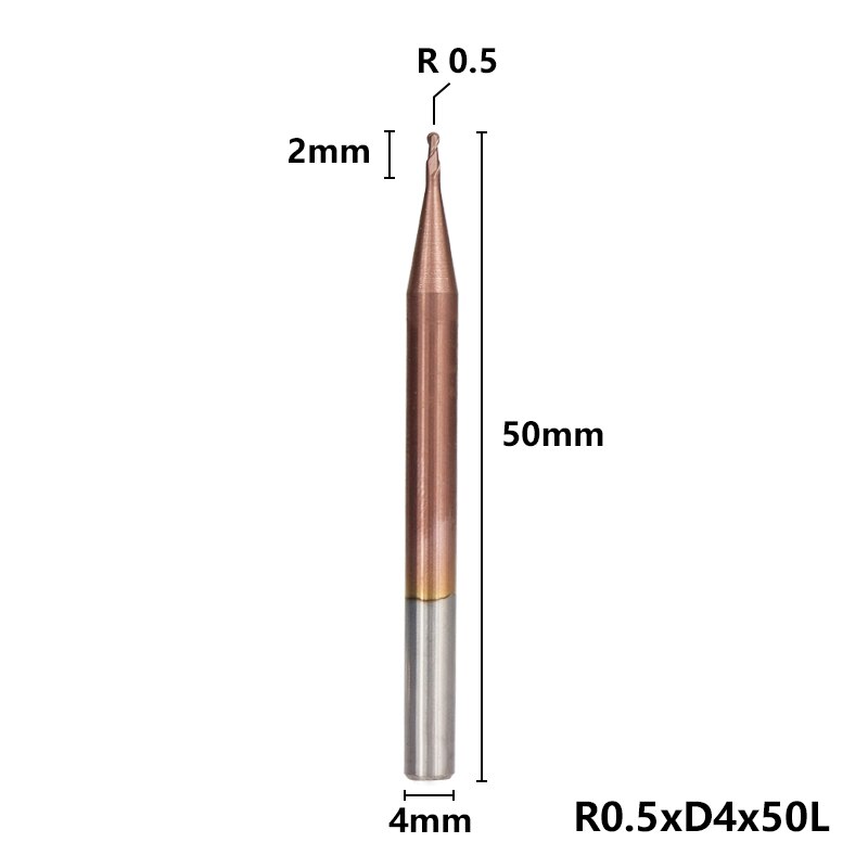 2 Flute End Mill CNC Ball Nose End Mill HRC 50 Router Bits TiCN Coating R0.5-6.0 Tungsten Carbide Engraving Milling Cutter: R0.5xD4x50L