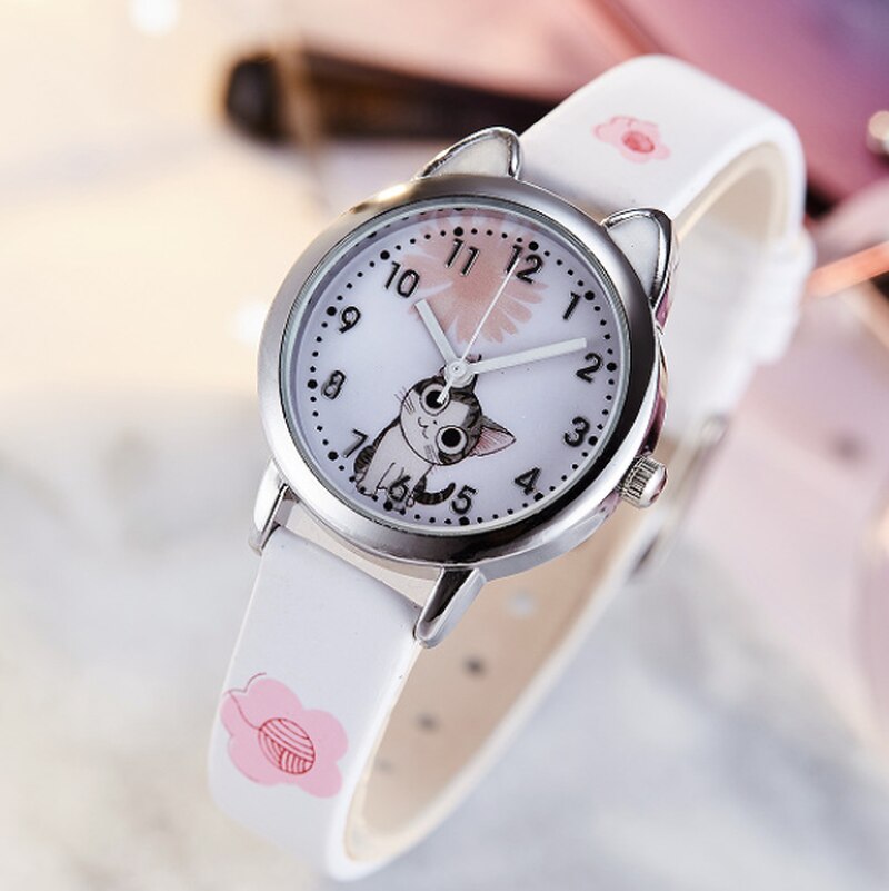 Cute Cheese Cat Pattern Women Watch with Bracelet Quartz Analog Ladies Watches Kids Girls Student Clock Relogio Feminino: White