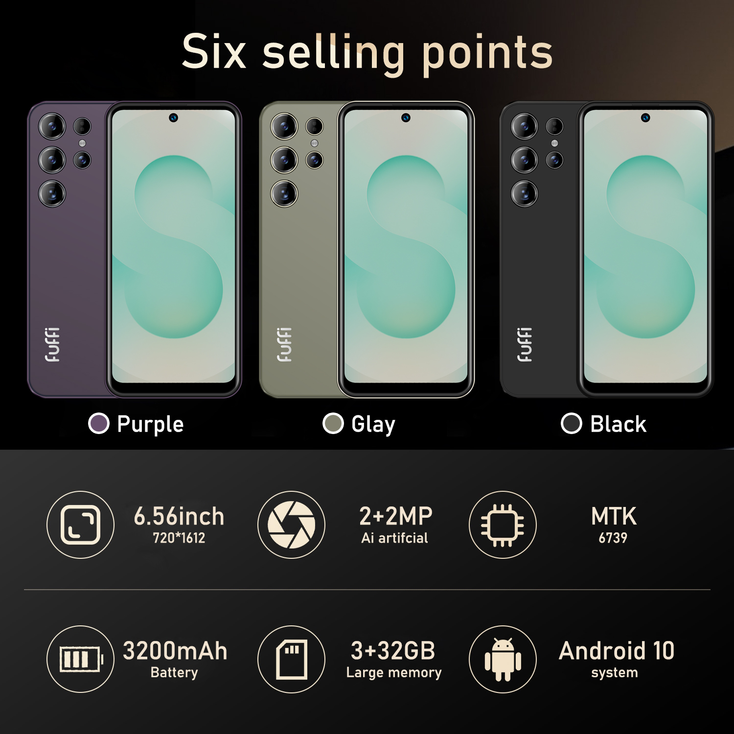 FUFFI 6,56-Zoll-Smartphone, 4G-Netzwerk-Dual-SIM-Telefon, Android 10.0-Telefon mit 32 GB ROM, Quad-Core-Prozessor, 2 + 2 MP Pixel-Telefon