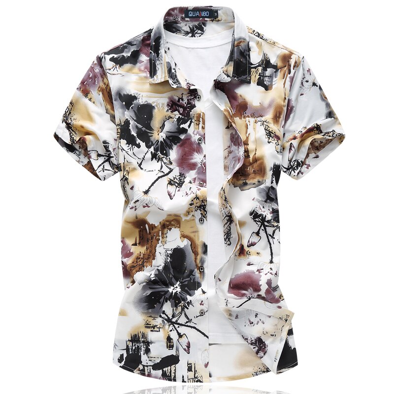 Quanbo herreskjorter plus størrelse 6xl sommer mænd afslappet stræktryk blomstret kortærmet skjorte mærketøj: Xxl