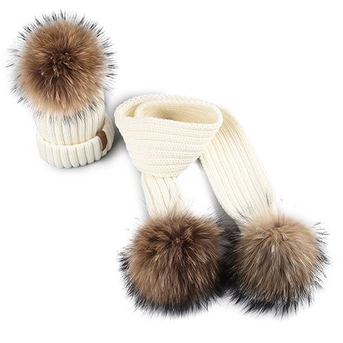 FURTALK Winter Kinderen Hoed Beanie Echte Wasbeer Bont Pompom Hoed en Sjaal Meisjes Bont Hoeden Jongens Caps Sjaals HTWL029: white fur pompom / 0.5-4 years