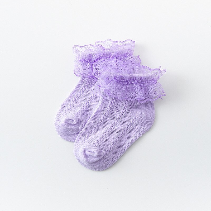 Blonde flæsestrømper børn åndbar bomuldsnet baby pige ankel korte sokker billige ting ensfarvet prinsesse børn sok småbørn: Lilla -1pc / 2-3 år gammel