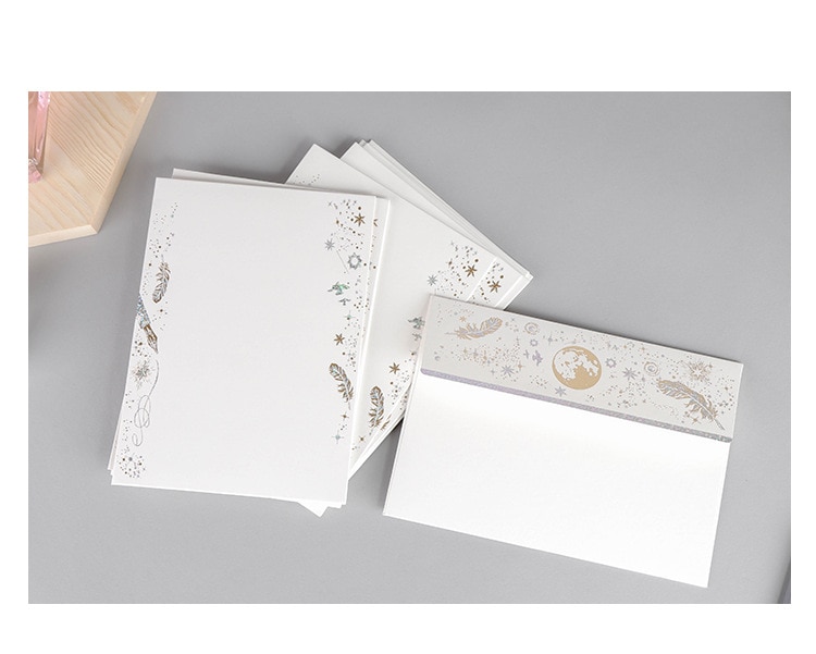 8PCS Gold Stamping Feather Writing Letter Paper High End Romantic Gilding Letter Pad Envelopes Sets Office Stationery: 3pc white envelope