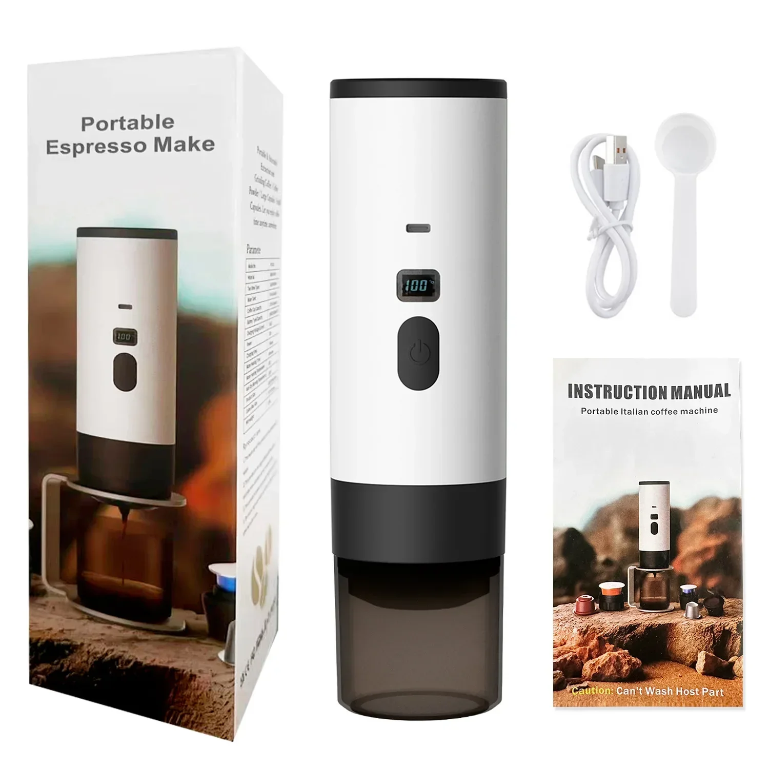3- i -1 trådlös elektrisk bärbar espressomaskin för bil och hemmacamping kaffebryggare kapselpulver resekaffebryggare: Vit