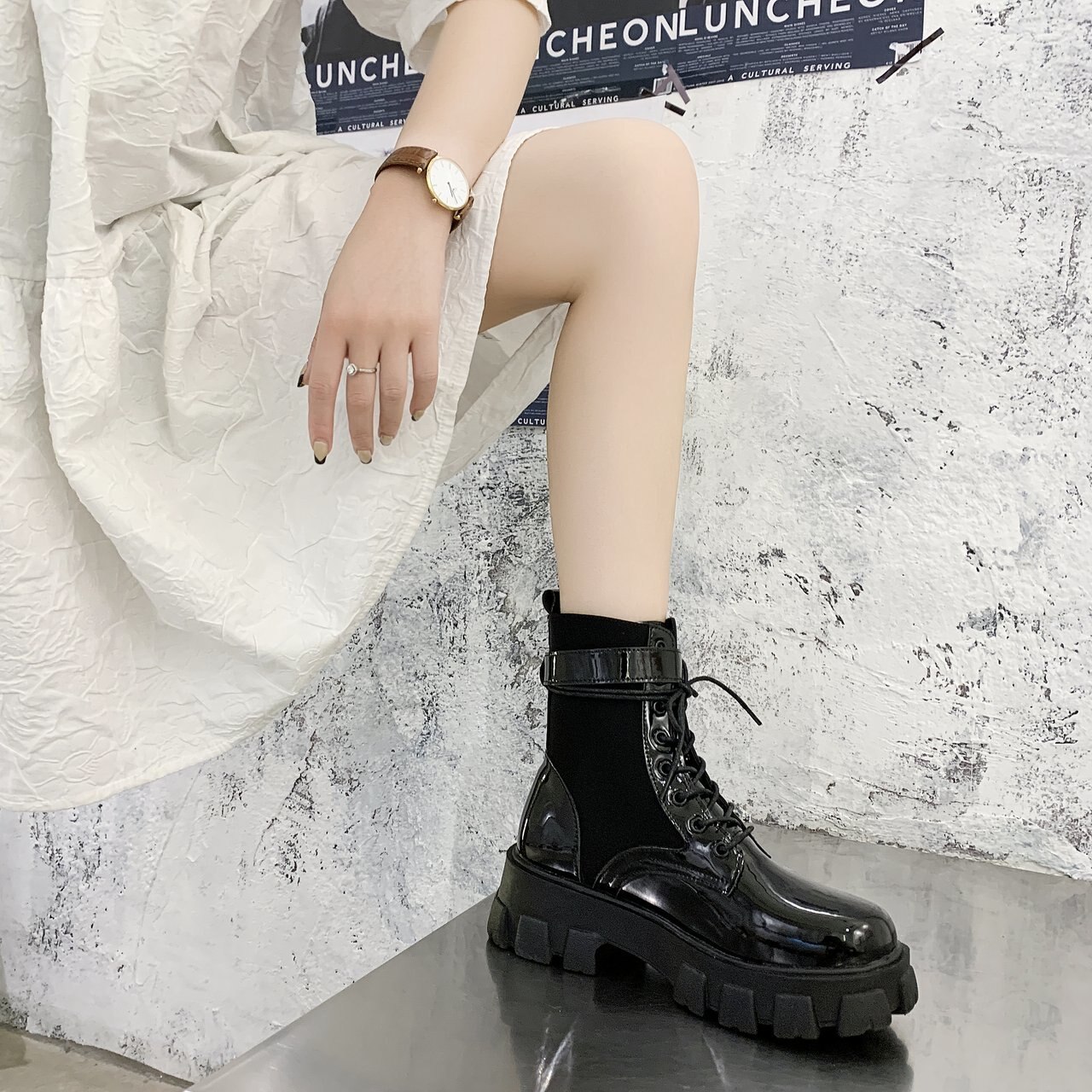 chaussures femme à lacets bottes épaisses bout rond chaussures femme boucle plate-forme en cuir PU bottines talons hauts