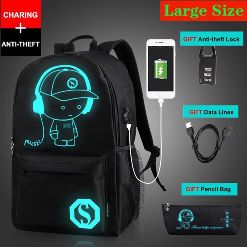 Anti-diefstal tas lichtgevende schooltassen voor jongens meisjes student school rugzak mochila met usb oplaadpoort slot schooltas: Stijl 1 grote maat