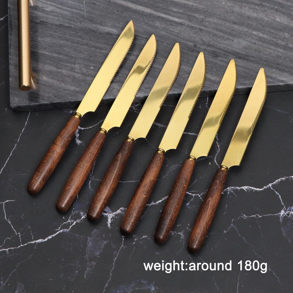 Jaswehome Flatware Cutlery Set Durable Stainless Steel Tableware Wooden Handle Gold Dinnerware Spoons And Forks Set 4-24-pieces: 6pcs dinner knife
