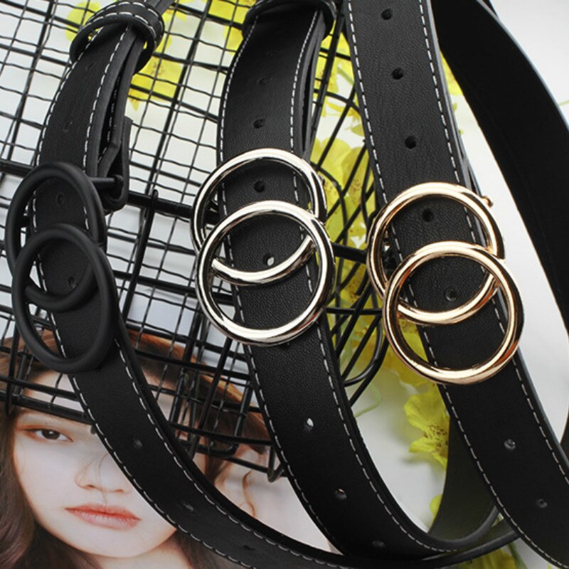 Women Gold Black Silver Big Double Ring Circle Buckle Belt Waistband Female Ladies Wide Leather Straps Belts for Jeans