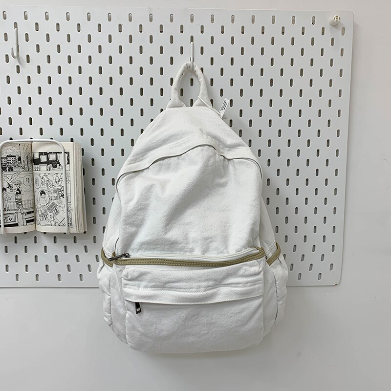Eenvoudige Effen Kleur Canvas Rugzak Voor Vrouwen College Student Vintage Laptop Tas Kawaii Dames Rugzak Mode Schooltas: White