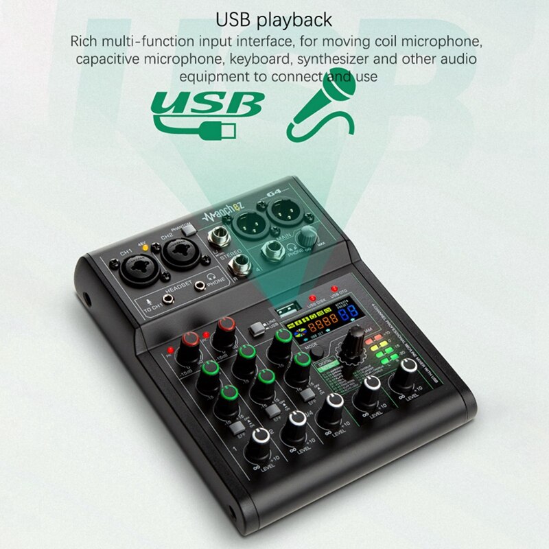 G4 Sound Card Audio Mixer Sound Board Console Desk System Interface 4 Channel USB Bluetooth 88 Mixing Effects