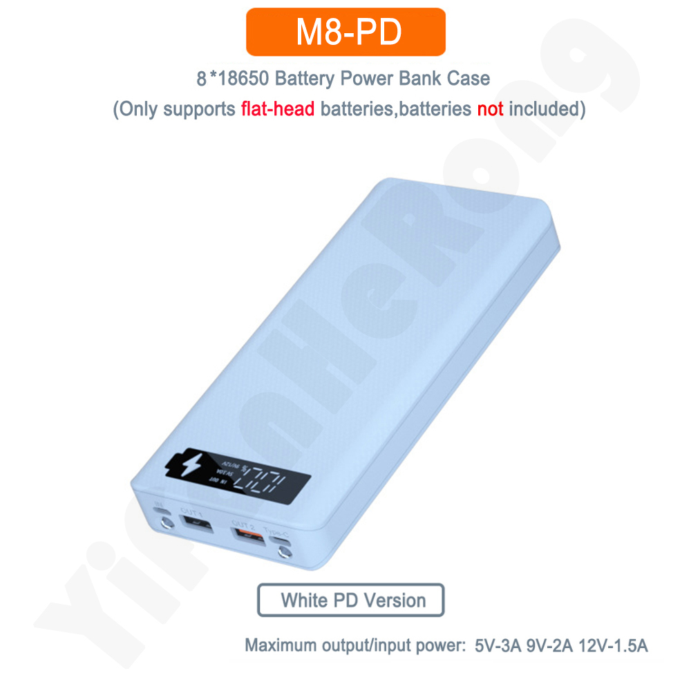 DIY Power Bank Case 8x 18650 Battery Charger External Box With LED Flashlight PD Fast Charger Power Bank Case For Smart Phone: PD White