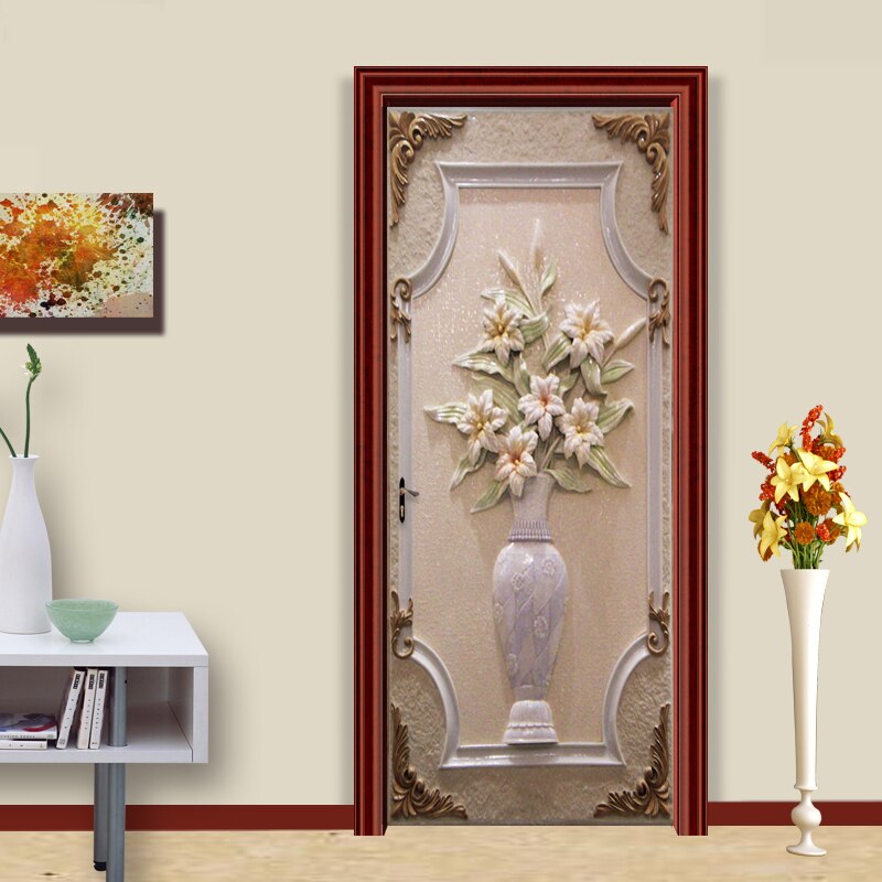 Pvc selvklæbende vandtæt dørvægsticker 3d stereo vase blomster tapet 3d dørs vægmaleri stueundersøgelse boligindretning pasta