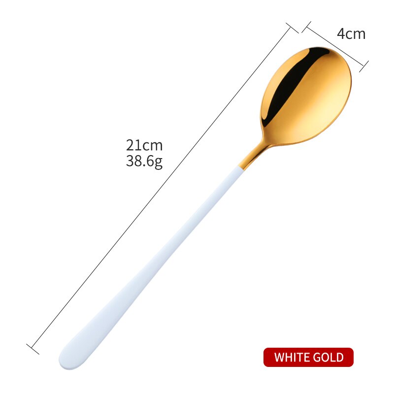 1PCS Korea Spoon Stainless Steel Soup Spoon Long Handle Gold Dessert Spoons Round Dinner Spoon Set Tableware Set: White Gold