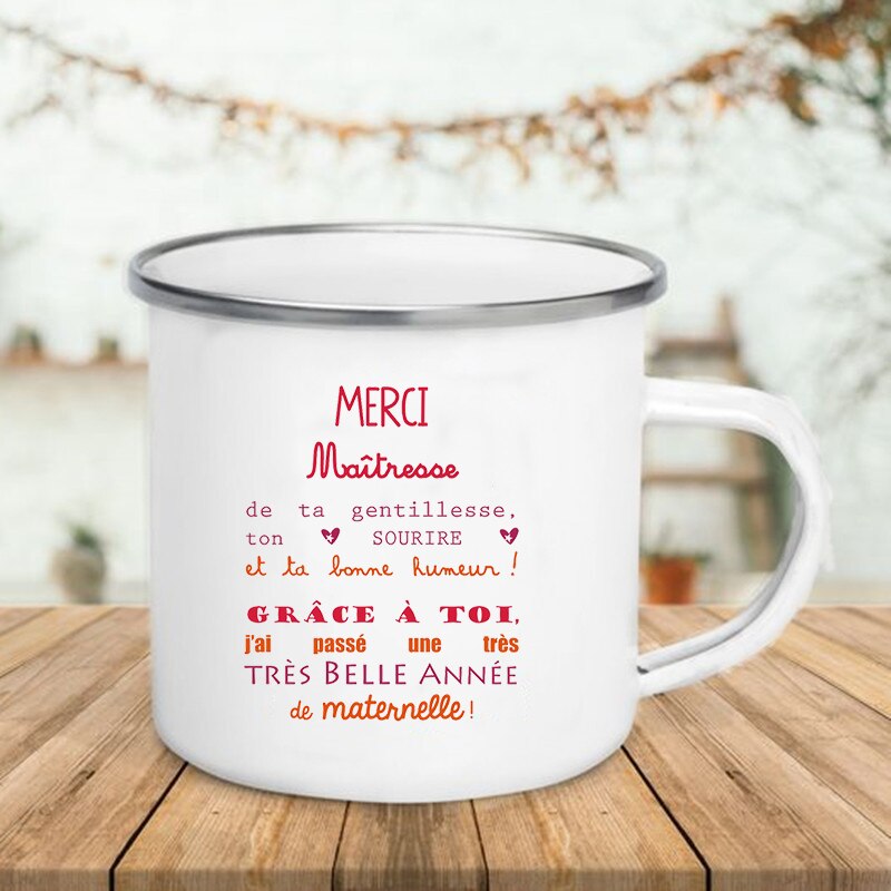 Taza de esmalte con estampado francés, tazas creativas de café, té, bebidas, postre, desayuno, leche, ASA, vasos, los mejores para profesores: XH3775-A015WH-8