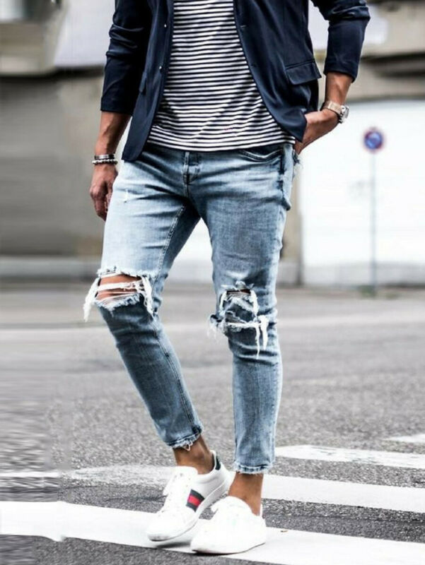 Skinny jeans herre rip slim fit stretch denim distress flossede biker jeans bukser os