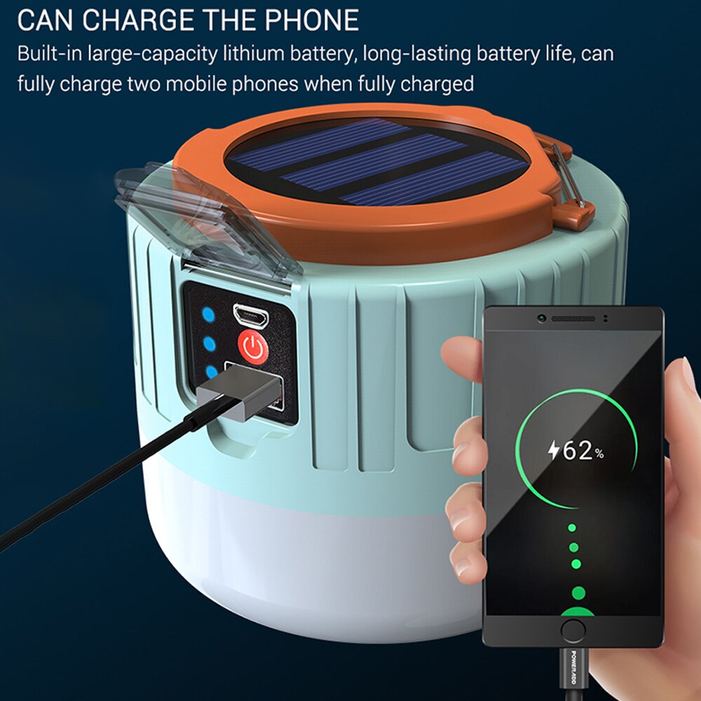 Portable Outdoor Solar Bulb Lanterns Light With Hook Camping BBQ Hiking Lamp USB Rechargeable Waterproof Emergency Tent Lights