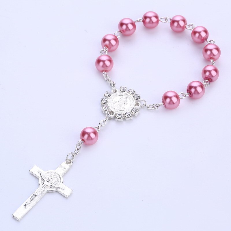 Kruis hanger rozenkrans armband Katholieke bruiloft rozenkrans katholieke cross: Deep pink